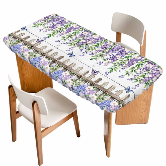 Spring Purple Flowers Table Cloths for 4 Foot Rectangle Tables, Farmhouse Leaves Fences Gray Wood Patio Waterproof Elastic Fitted Tablecloths, Washable Rectangular Table Cover for Camping