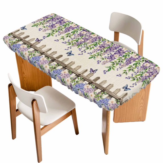 Spring Purple Flowers Table Cloths for 6 Foot Rectangle Tables, Farmhouse Leaves Fences Burlap Patio Waterproof Elastic Fitted Tablecloths, Washable Rectangular Table Cover for Camping