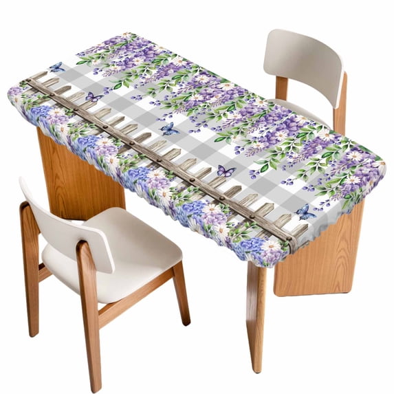 Spring Purple Flowers Table Cloths for 6 Foot Rectangle Tables, Farmhouse Leaves Fences Gray Plaid Patio Waterproof Elastic Fitted Tablecloths, Washable Rectangular Table Cover for Camping