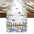 thumbnail image 1 of Spring Purple Flowers Table Runner - 108 Inch Long, Kitchen Dining Table Runner Dresser Scarves, Farmhouse Leaves Fences Watercolor Farmhouse Decor for Coffee Tables Wedding Party Banquet, 1 of 8