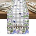 thumbnail image 1 of Spring Purple Flowers Table Runner - 36 Inch Long, Kitchen Dining Table Runner Dresser Scarves, Farmhouse Leaves Fences Gray Plaid Farmhouse Decor for Coffee Tables Wedding Party Banquet, 1 of 8