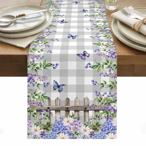 Spring Purple Flowers Table Runner - 36 Inch Long, Kitchen Dining Table Runner Dresser Scarves, Farmhouse Leaves Fences Gray Plaid Farmhouse Decor for Coffee Tables Wedding Party Banquet