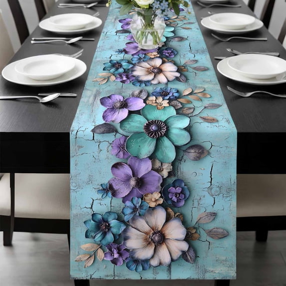 Spring Purple Flowers Table Runner 36 Inches Long, Floral Mottled Teal Wall Retro Kitchen Coffee Dining Table Decoration for Home Party Birthday Wedding Home Decor 13x36 Inches