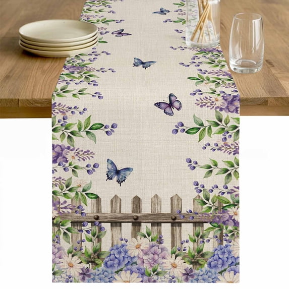 Spring Purple Flowers Table Runner - 48 Inch Long Farmhouse Leaves Fences Burlap Cotton and Linen Blended Dress Scarves Farmhouse Table Runner for Kitchen Dining, Coffee Table, 13" x 48"