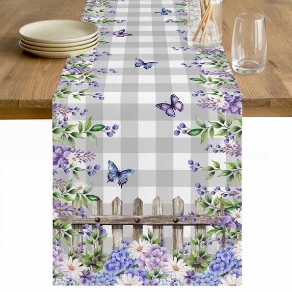 Spring Purple Flowers Table Runner - 60 Inch Long Farmhouse Leaves Fences Gray Plaid Cotton and Linen Blended Dress Scarves Farmhouse Table Runner for Kitchen Dining, Coffee Table, 13" x 60"