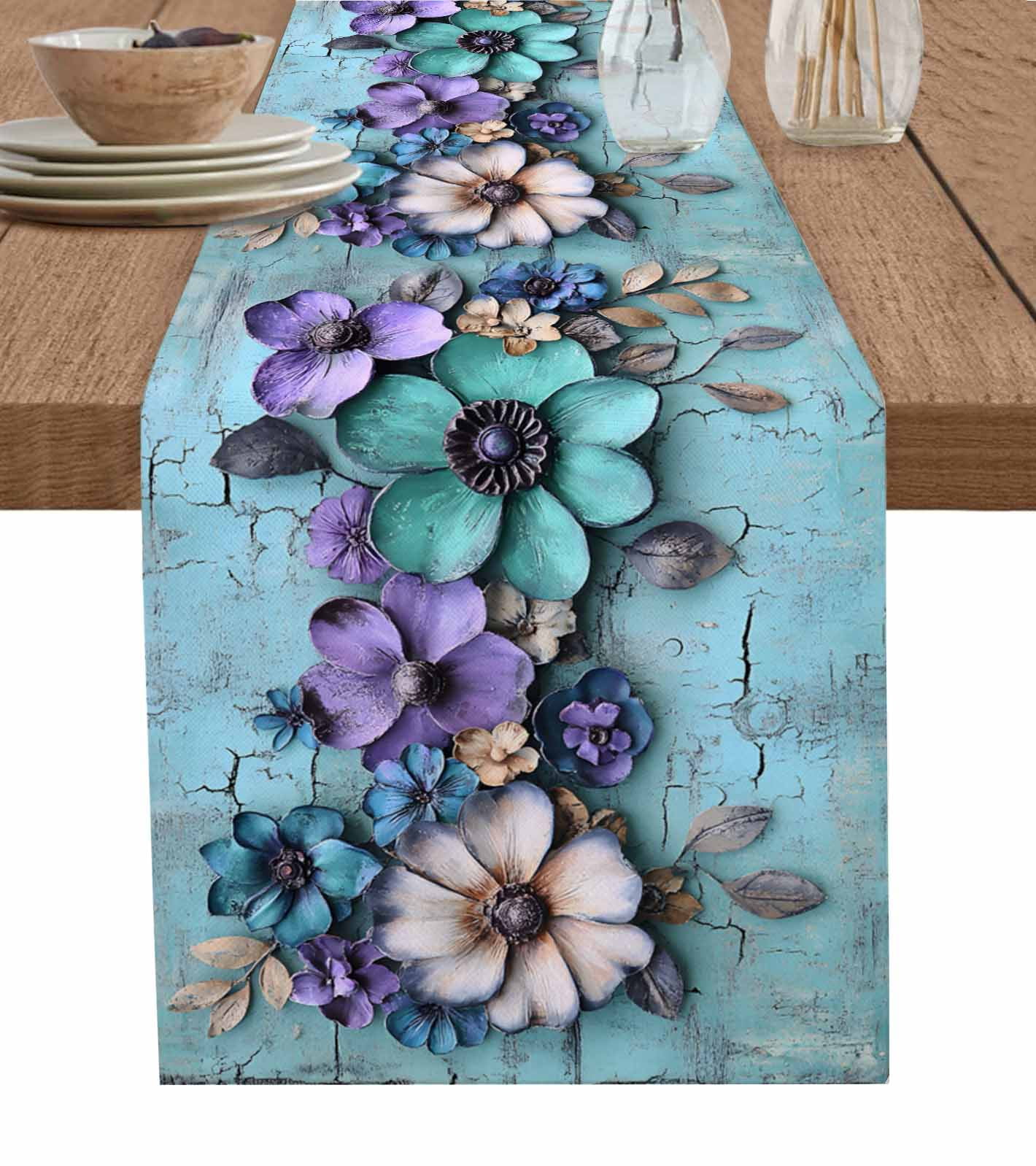 Spring Purple Flowers Table Runner 60 Inches, Floral Mottled Teal Wall ...