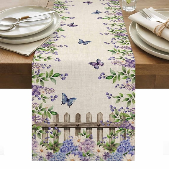 Spring Purple Flowers Table Runner - 72 Inch Long, Kitchen Dining Table Runner Dresser Scarves, Farmhouse Leaves Fences Burlap Farmhouse Decor for Coffee Tables Wedding Party Banquet