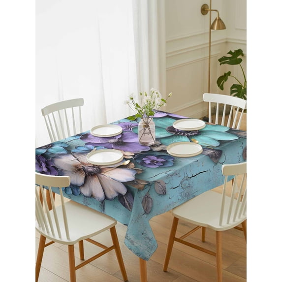 Spring Purple Flowers Tablecloth Rectangle Table Cloth 60x84, Waterproof Tablecloth Outdoor Table Cloth, Floral Mottled Teal Wall Retro Washable Table Cover for Kitchen Dinning Party