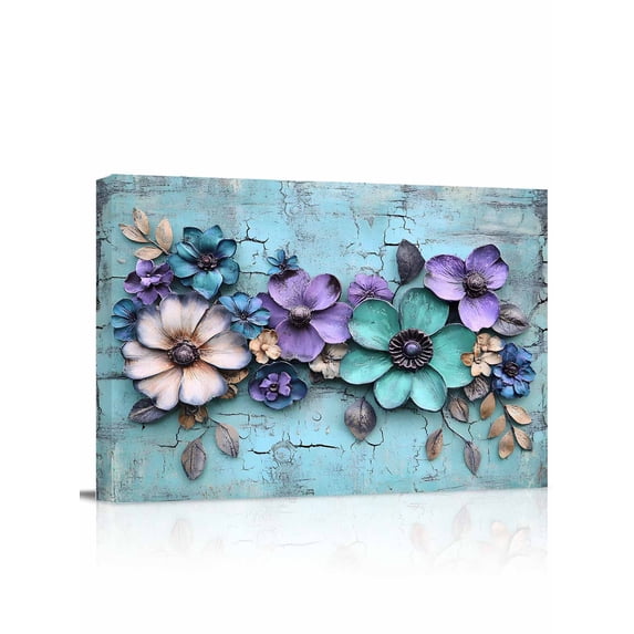 Spring Purple Flowers Wall Art for Living Room,Canvas Picture Wall Decor for Bathroom Bedroom,Floral Mottled Teal Wall Retro Painting Artwork for Office Kitchen Hallway Dining Room Home Decor 16"x20"