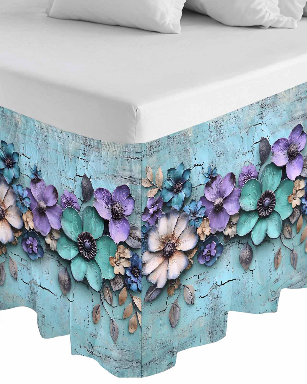 Spring Purple Flowers Wrap Around Bed Skirts for Queen Bed 18" Drop,Bed Skirt with Adjustable Elastic Belt Dust Ruffle Bed Valance for Bedroom Hotel Floral Mottled Teal Wall Retro Bed Frame Cover