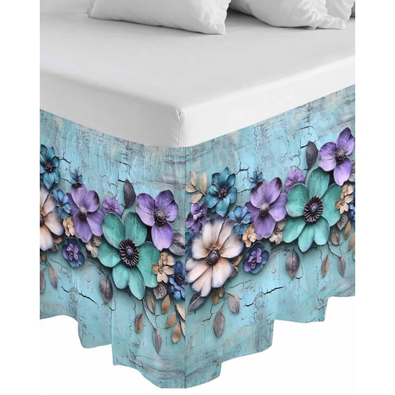 Spring Purple Flowers Wrap Around Bed Skirts for Queen Bed 18" Drop,Bed Skirt with Adjustable Elastic Belt Dust Ruffle Bed Valance for Bedroom Hotel Floral Mottled Teal Wall Retro Bed Frame Cover