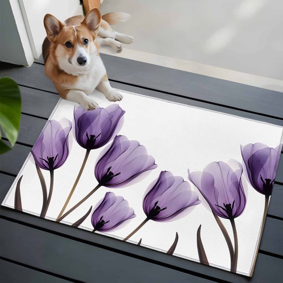 Spring Purple Front Door Rugs 2x3 ft Flowers X-ray Image of Tulips Floral Small Rug for Entryway Non Slip Washable Bathroom Door Mat Absorbent Floor Mat for Indoor Entrance