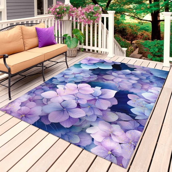 Spring Purple Hydrangea Outdoor Rug 3x5 Ft, Non Slip Washable Area Rug, Country Flowers Garden Plants Patio Rugs Carpet Runner, Large Floor Mat for Indoor/Outdoor Deck Porch Camping