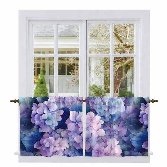 Spring Purple Hydrangea Tier Curtains 24 Inch Length, Country Flowers Garden Plants Cafe Short Curtains for Bathroom Over Sink, Small Kitchen Curtain Light Filtering Drapes 2 Panels 27.5"Wx24"L