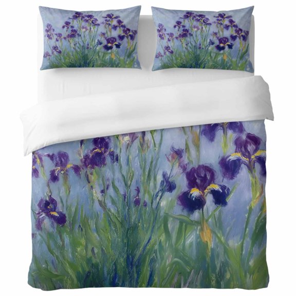 Spring Purple Irises California King Duvet Cover Set, Rustic Floral Flower Green Leaves Botanical Decorative 3 Piece Bedding Set with Zipper Closure Soft Breathable Comforter Cover & 2 Pillowcases
