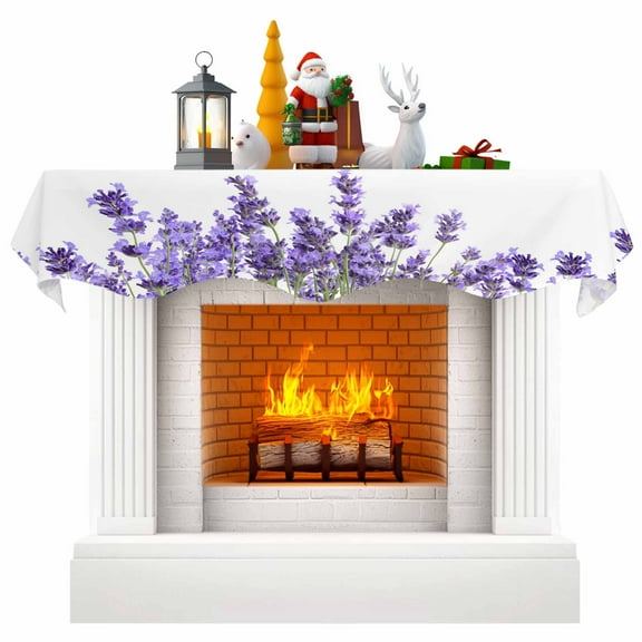 Spring Purple Lavender Fireplace Mantel Scarf Table Runner, Pastoral Botanical Floral Botanical Winter Garland Mantel Top Tablerunners Dresser Scarves Cover Decorations for Party Living Room 60"x17"