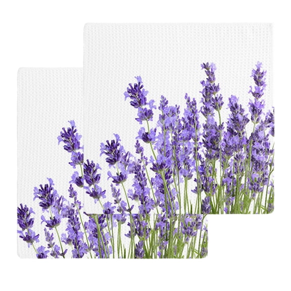 Spring Purple Lavender Kitchen Dish Towels for Drying Dishes Set of 2, Pastoral Botanical Floral Botanical Waffle Weave Microfiber Hand Tea Bathroom Towels Quick Dry & Absorbent Towel 12x12