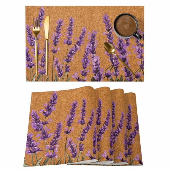 Spring Purple Lavender Placemats Set of 6, Country Farm Watercolor Lavender Leaf Brown Non-Slip Place Mats Washable Table Mats for Kitchen Dining Table Decorations Indoor/Outdoor