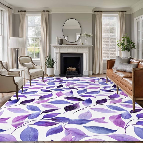 Spring Purple Leaves Area Rugs 5'x7', Washable Small Throw Rugs for Laundry Room Playroom, Country Leaf Plants Pastoral Indoor Outdoor Rug Non-Slip Low Pile Carpet Runner Reversible Floor Mats