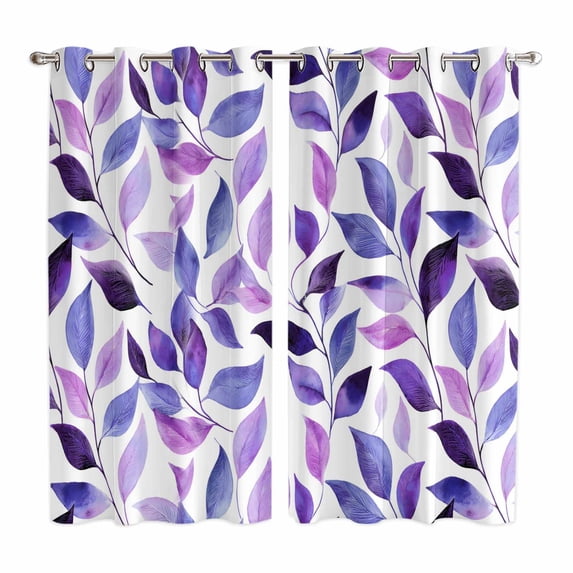 Spring Purple Leaves Kitchen Curtains Window Panels, Country Leaf Plants Pastoral Insulated Window Treatment Curtain, Grommet Curtains for Bedroom/Living Room/Bathroom, 2 Piece 52"Wx84"L