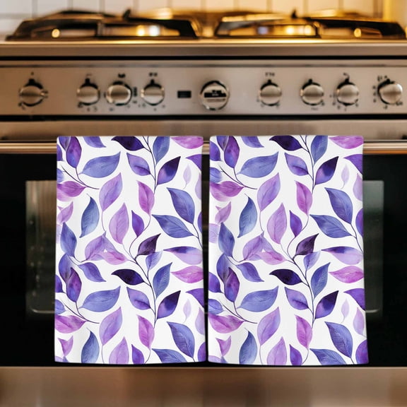 Spring Purple Leaves Kitchen Towels Set of 1, Country Leaf Plants Pastoral Absorbent Dish Towels for Kitchen, Microfiber Hand Towel, Quick Drying Tea Towel for Cleaning Decorative Dishcloths
