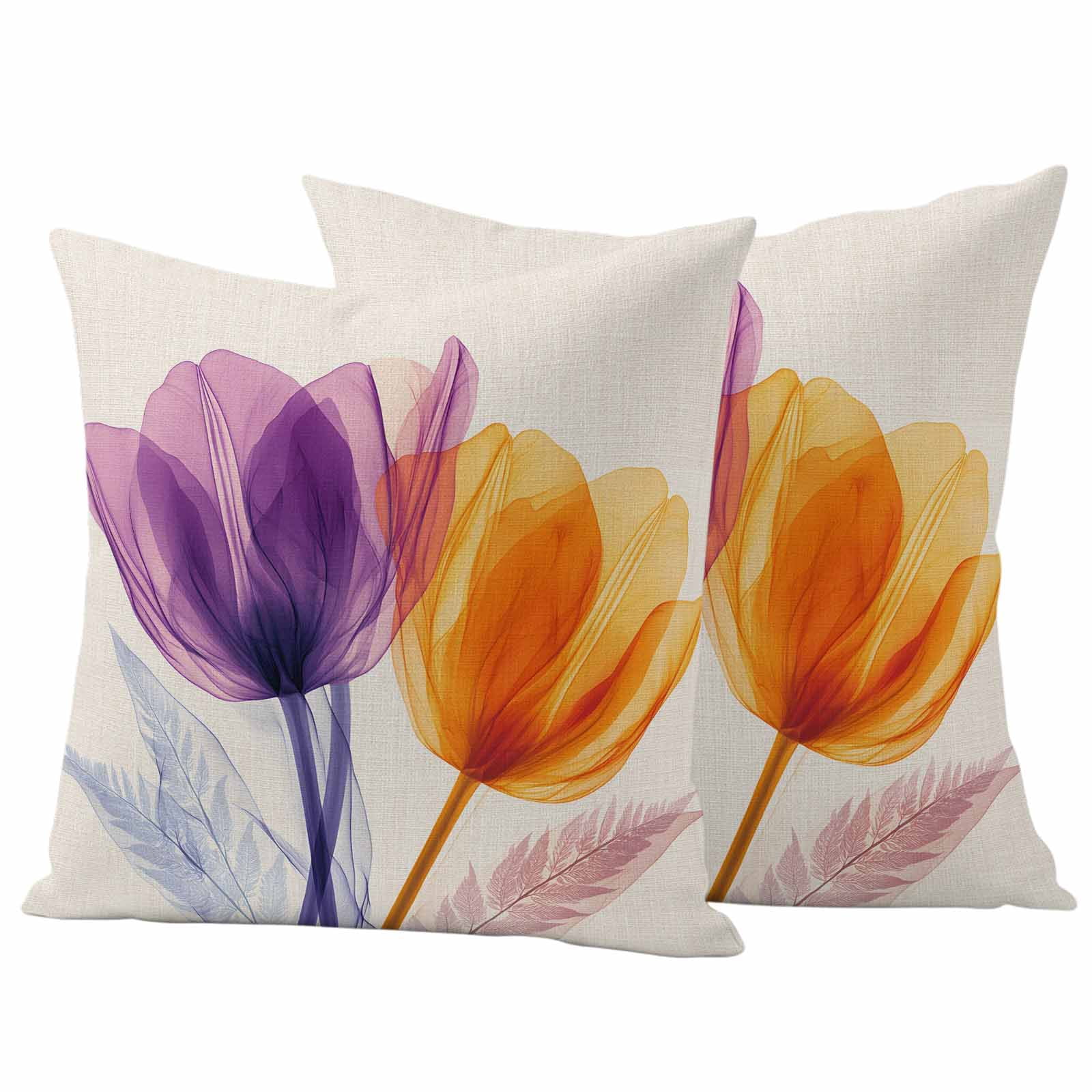 Spring Purple Pillow Covers 2 Pack Orange X-ray Tulip Flower Retro Pillowcase Waterproof Outdoor Throw Pillow Cover for Patio Garden Square Cushion 16”x16”