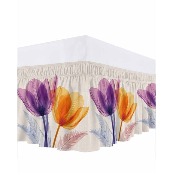 Spring Purple Ruffle Bed Skirt King Size Orange X-ray Tulip Flower Retro Adjustable Elastic Dust Bed Skirts Wrap Around Bedskirt Wrinkle Free Easy Fit with 18 Inch Drop