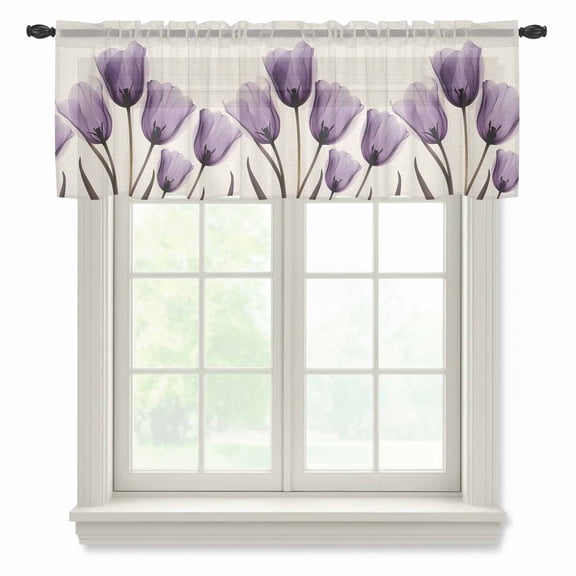Spring Purple Semi Sheer Valance Curtains Flowers X-ray Image of Tulips Floral Retro Voile Valances Curtain Rod Pocket Small Window Treatment for Kitchen Bathroom Cafe 42"x12"