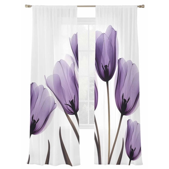 Spring Purple Sheer Curtains for Living Room Bedroom, Flowers X-ray Image of Tulips Floral Light Filtering Sheer Curtain Rod Pocket Voile Window Treaments Drapes, 52 x 108 Inches