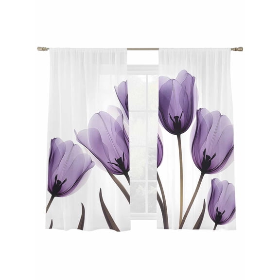 Spring Purple Sheer Curtains for Living Room Bedroom, Flowers X-ray Image of Tulips Floral Light Filtering Sheer Curtain Rod Pocket Voile Window Treaments Drapes, 52 x 63 Inches