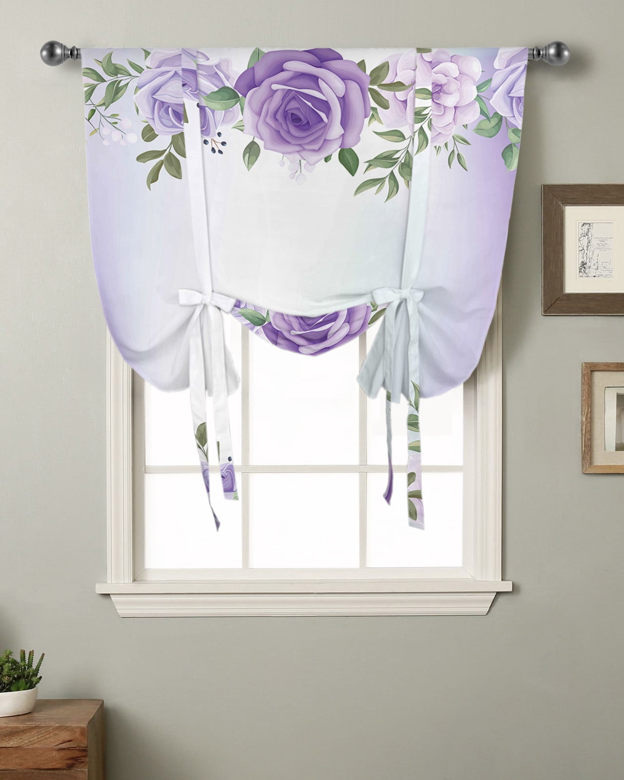 Spring Purple Watercolor Flowers Kitchen Short Window Curtain Rod ...