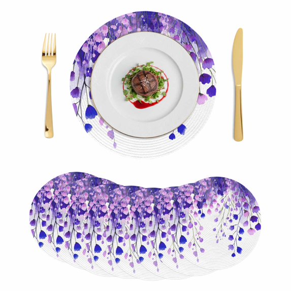 Spring Purple Wisteria Flowers Round 15 Inch Placemats Set of 8, Rustic Floral Branches HeatResistant Non Slip Place Mats for Dining Table, Wipeable Braided Kitchen Table Mats for Housewarming