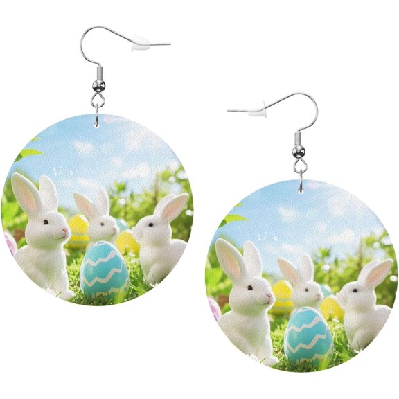 Spring Quality Happy Easter Holiday Print Leather Circular Design Earrings and Pendant,Equipped With Silver Plated Ear Hooks,Suitable for Women's Fashion[b478]