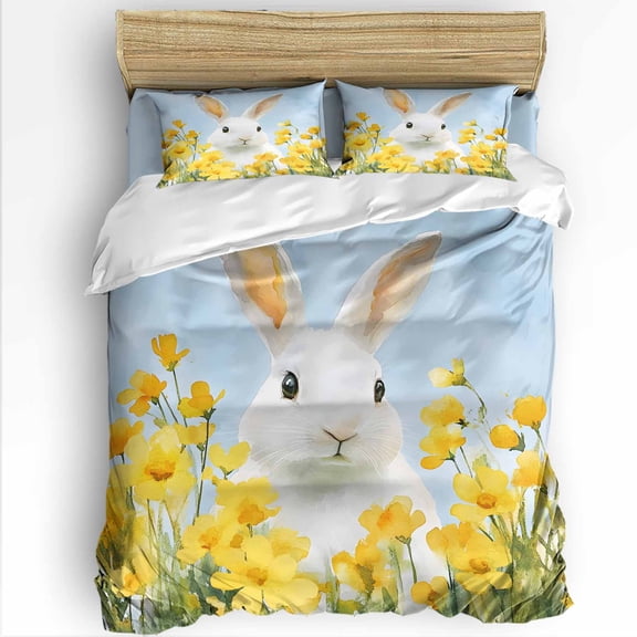 Spring Queen Size Comforter Set, Bunny Yellow Flowers Blue Sky Watercolor Landscape Soft Bedding for All Seasons, 4 Pcs Bed Set with 1Comforter (90"x92") ,1 Sheet(94"x116"), 2 Pillowcases (19"x29")