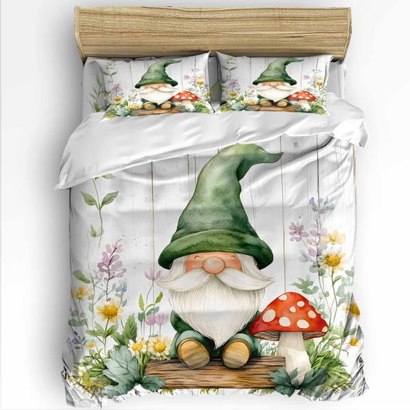 Spring Queen Size Comforter Set, Country Green Gnome Mushroom Floral Retro Wood Grain Soft Bedding for All Seasons, 4 Pcs Bed Set with 1Comforter (90"x92") ,1 Sheet(94"x116"), 2 Pillowcases (19"x29")