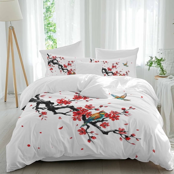 Spring Queen Size Comforter Set, Oriental Traditional Red Plum Blossoms Birds Ethnic Bedding for All Seasons, 4 Pcs Bed Set, 1Quiltcover (90"x92") ,1Sheet(94"x116"), 2Pillowcases (30"x20")