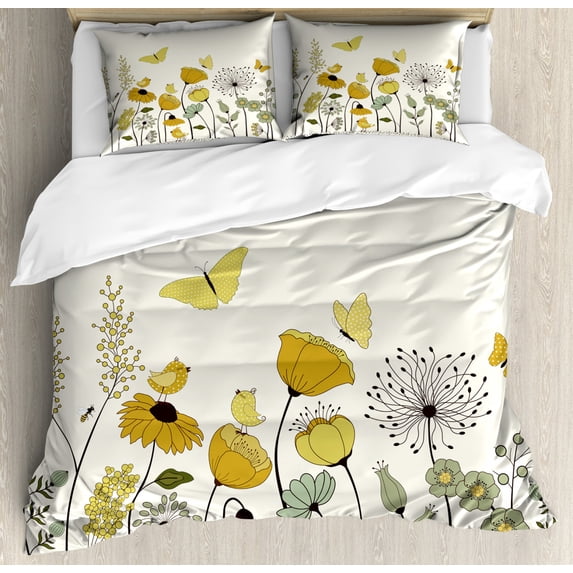 Spring Queen Size Duvet Cover Set, Polka Dot Winged Butterflies Flying Over Poppy Flowers and Tulips, Decorative 3 Piece Bedding Set with 2 Pillow Shams, Earth Yellow and Pale Green, by Ambesonne