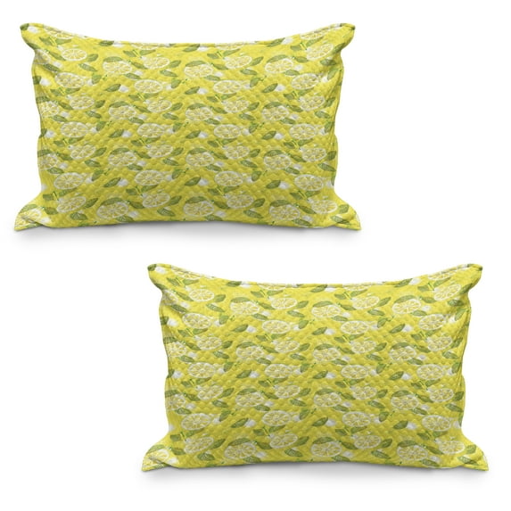 Spring Quilted Pillowcover Set of 2, Fresh Lemon Slices with Leaves Background Soft Fruit Summer Tasteful Design, Standard Queen Size Pillow Cover Bedroom, 30" x 20", Yellow Fern Green, by Ambesonne