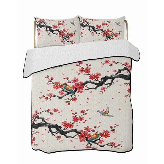 Spring Quilts Bedding Set Twin Size Oriental Traditional Red Plum Blossoms Birds Ethnic Linen Lightweight Quilted Bedspread 3 Piece Bed Quilt with 2 Pillow Shams All Season for Bedroom 68" x 86"