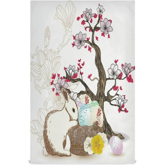 Spring Rabbit Magnolia Tree Kitchen Tea Towels Set of 6 Absorbent Hand Dish Towels, Easter Eggs Dishcloths Lint-Free 18x28 Inch Fast Drying for Cooking Baking Home Clean
