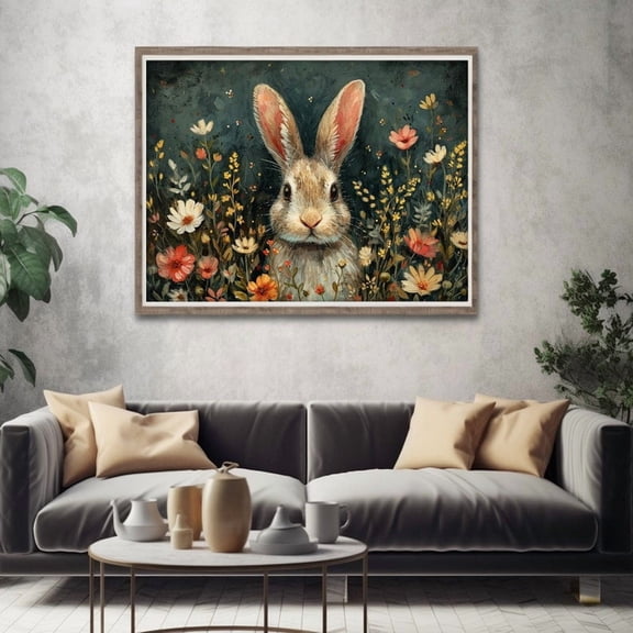 Spring Rabbit Printable Wall Art, Moody Bunny with Flowers Easter Print, Vintage 24x36 Unframed Poster