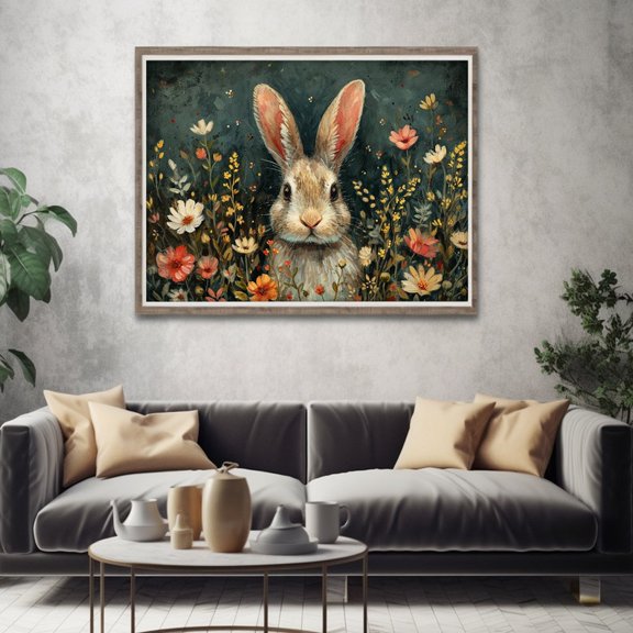 Spring Rabbit Printable Wall Art, Moody Bunny with Flowers Easter Print, Vintage 24x36 Unframed Poster