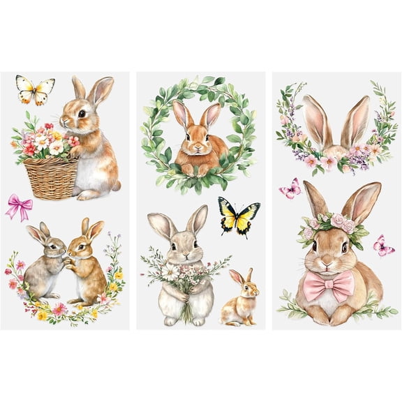 Spring Rabbit Rub on Transfer Stickers, 3 PCS Floral Bunny Furniture Transfers Stickers Waterproof Decals for Wardrobe Drawer Bookcase Garden Door Crafts