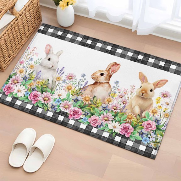 Spring Rabbits 2'x3' Rug for Entryway Front Door Kitchen Sink Area, Pink Rose Purple Flowers Daisy Easter Low Pile Non Slip Rectangle Area Rug, Machine Washable Indoor Outdoor Mat