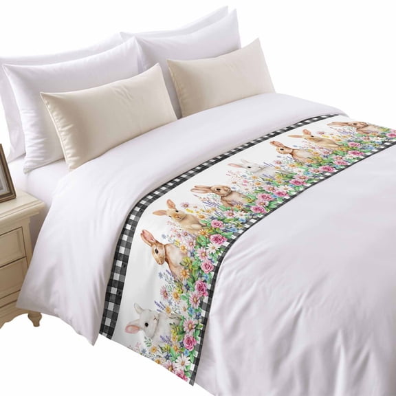 Spring Rabbits Bed Runner for King Size Bed, Pink Rose Purple Flowers Daisy Easter Soft Bedding Scarf Bedding Protector Slipcover Sofa Throw for Bedroom Hotel Guesthouse
