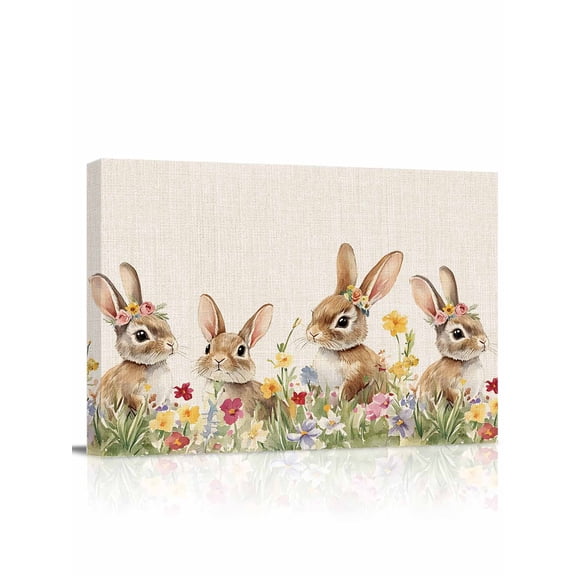 Spring Rabbits Canvas Print Wall Art Easter Bunny Floral Plants Vintage Linen Pictures Painting Morden Artwork for Living Room Bedroom, Ready to Hang - 12"x16"