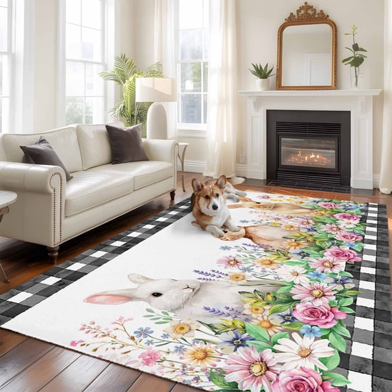 Spring Rabbits Large Area Rugs 5x8 ft Pink Rose Purple Flowers Daisy Easter Washable Rug Non Slip Indoor Carpet Absorbent Floor Mat for Living Room Bedroom Dining Room