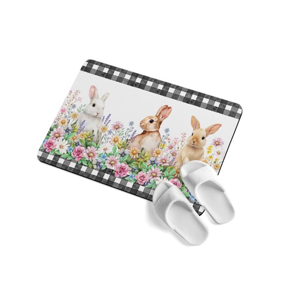Spring Rabbits Soft Diatomaceous Earth Mat, Pink Rose Purple Flowers Daisy Easter Absorbent Bath Mat Non Slip Rubber Backed Quick Dry Doormat Fit Under Door for Bathroom Kitchen 24"x36"