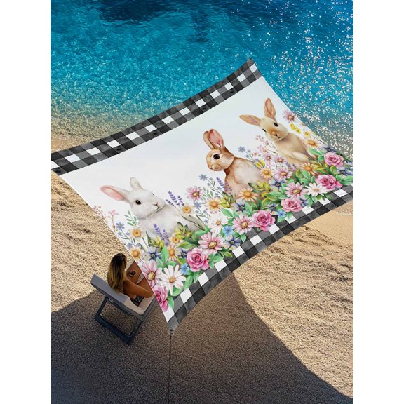 Spring Rabbits Sun Shade Sail 12' x 16', Pink Rose Purple Flowers Daisy Easter Rectangle Outdoor Sunshade Canopy, Waterproof UV Block Patio Covers for Garden Yard Beach