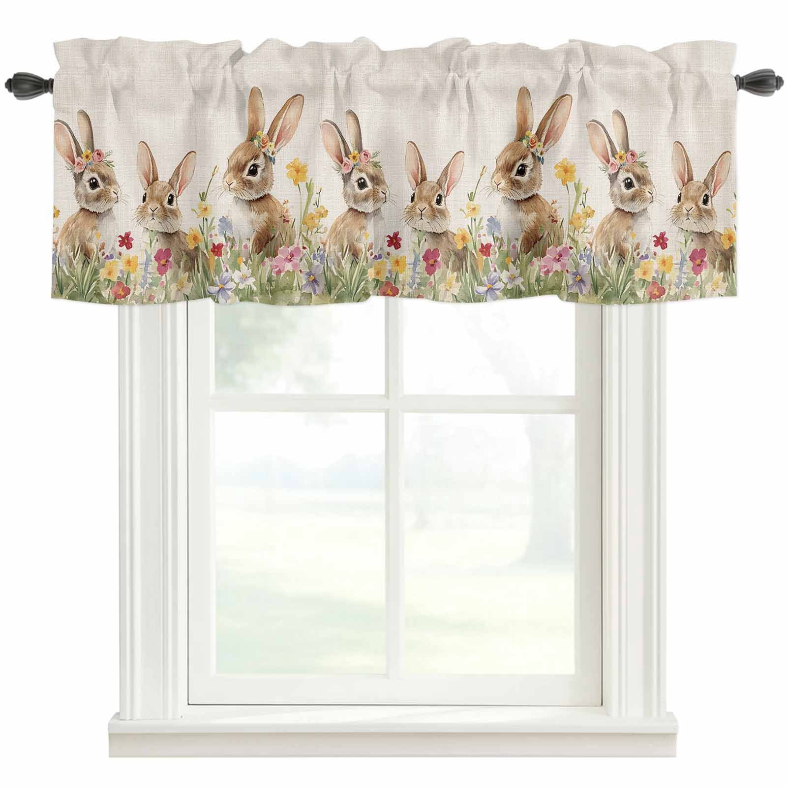 Window Ledge For Rabbits Spring Rabbits Valances for Windows Easter Bunny Floral Plants Vintage ...